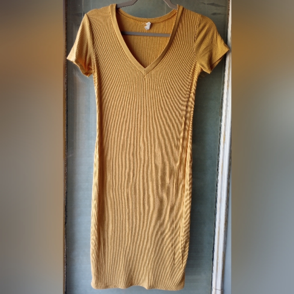 Pinkblush Mustard V-Neck Ribbed Midi Dress